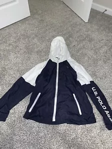 Women's 2XL US Polo Assn. White Navy Full Zip Windbreaker Pockets Hooded - Picture 1 of 6