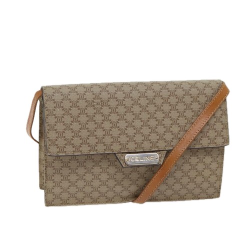 CELINE Borsa a tracolla in tela di macadam rivestita in tela beige Auth 71054