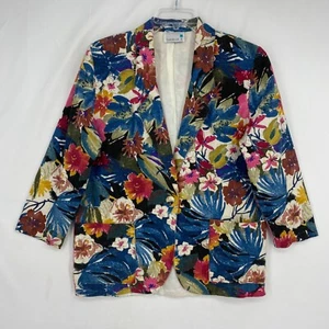 Danielle B Womens Medium Blazer Jacket Multi Color Floral Cotton Linen Vintage - Picture 1 of 11