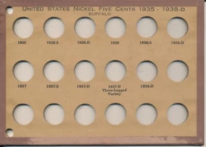 Wayte Raymond Coin Board No. 358D US Nickel Five Cents Buffalo 1935-1938-D - Picture 1 of 2