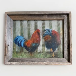 Original Signed John Reynolds Oil Painting 19”x15” Rustic Wood Frame Roosters - Picture 1 of 14