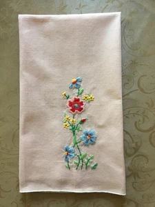 Vintage Hand embroidered hand towel Floral PINK /Blue Flowers - Picture 1 of 2