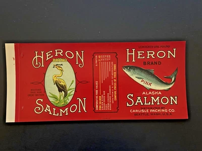 ETIQUETA DE SALMÓN DE ALASKA RARA DE CARLISLE PACKING CO. - HERMOSA GARZA AZUL Foto 1 de 4