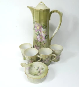 Japan Nippon Handpainted Floral Chocolate Set Set Pot 4 Cups Strainer - Picture 1 of 16