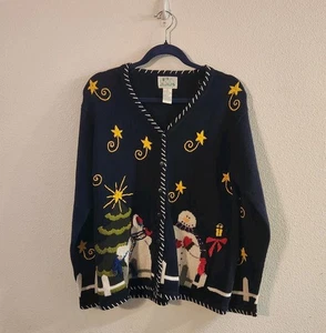 Quacker Factory maglione cardigan pupazzo di neve ricamato blu taglia S stella di Natale  - Foto 1 di 7