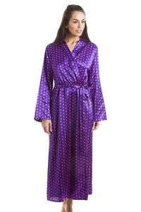 Camille Satin Dressing Gown in Purple with Pink Polka Dots with Floral Lacing - Picture 1 of 6