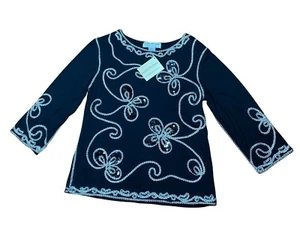 NWT Lauren Michelle Women's Top Black White Floral Embroidery w/Sequins Size Med - Picture 1 of 5
