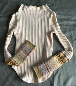 Free People Ribbed Crochet Sleeve Cuff Top Shirt Sweater XS Peach - Picture 1 of 3