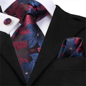 Conjunto de corbata de seda para hombre Hi-Tie floral rojo azul con cuadrado de bolsillo y gemelos - Imagen 1 de 52