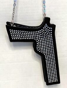 Brand new Pistol gun-shaped Purse in Black with Silver Studs, Chain & Dustbag