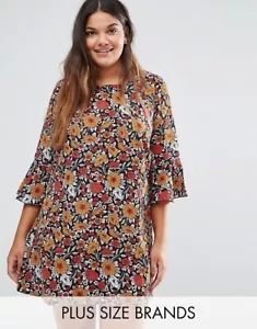 UK20 EU50 Plus Curve Shift Dress With Frill In Floral Print Short Rust Brown - Picture 1 of 10