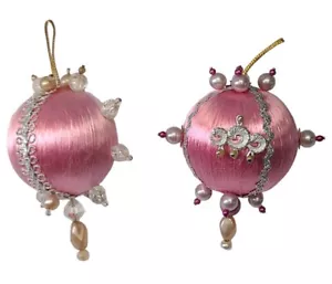 Christmas Ornaments VTG Pink Beaded Sequins Push Pin Balls Hand Made Lot of 2 - Picture 1 of 14