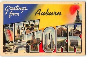AUBURN, NEW YORK Grande lettera sovrastampa in lino - Curt Teich, 1938 cartolina - Foto 1 di 2