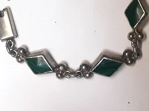 Excellent Vintage Link Bracelet Sterling W/ Malachite Inlay Made In Mexico - Picture 1 of 8