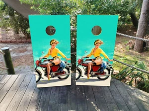 WATERPROOF & FADEPROOF Cornhole Board Wraps  -   Motorcycle Pin Up Girl - Picture 1 of 3