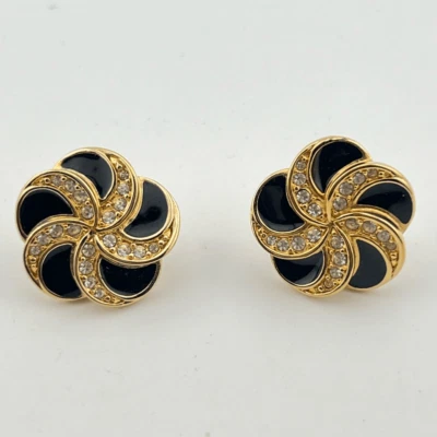 Vintage Swarovski Crystal and Black Enamel Stud Earrings Swan Logo - Image 1 of 4