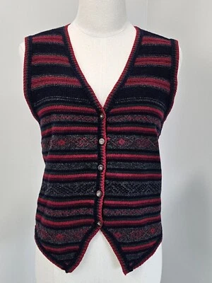 Parisian Petites Lambswool Knit Blue Red Gray Stripes Vest Womens  Petite Large - Image 1 of 4