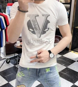 New Men Luxury Rhinestones Fashion T-Shirt High Quality Black White Tops T Shirt - Picture 1 of 10