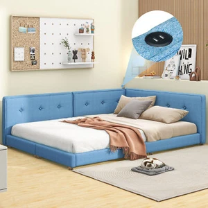 Upholstered Full Size platform bed with USB Ports, Blue - Picture 1 of 12
