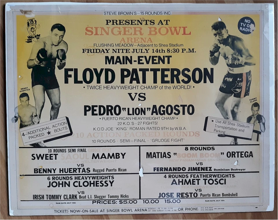 FLOYD PATTERSON vs PEDRO AGOSTO - Original Vintage On Site Poster 1972 - Image 1 of 1