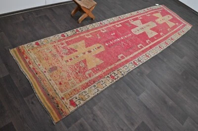 Vintage Turkish Runner Rug 3x11ft Wool Anatolian Handmade Hallway Oushak PINK - Image 1 of 4