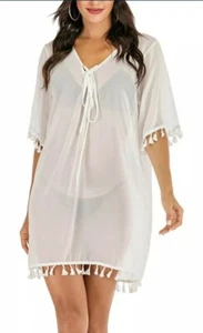 Women's Tassel Drawstring Chiffon Bathing Suit Cover Up Swimwear Beach Swimsuit - Picture 1 of 3