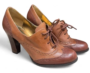 Marc Fisher Barrett Size 9.5 Shoes Brown Two Tone Leather Oxford Lace Up Heels - Picture 1 of 10