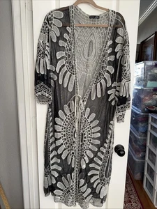 Black Sheer OSGA Lace Kimono Open Duster Oversized Long Boho Festival 42”  4987 - Picture 1 of 6