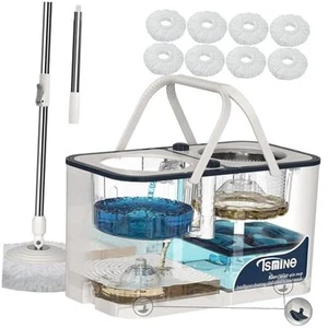 Spin Mop and Bucket System, Mop and Bucket Separate White/Blue+8 Mop Heads - Picture 1 of 7