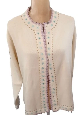 Cárdigan suéter vintage Storybook Knits talla M crema rosa verde azulado bordado cuentas Foto 1 de 4