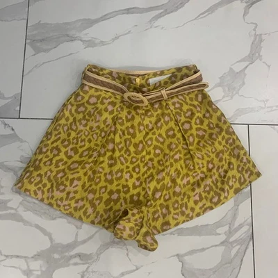 Pantalones Cortos IMMERMANN Mujer Talla 0 Limón Leopardo Carnaby Cinturón Lino Plisado Bolsillos Foto 1 de 4