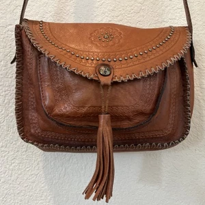 Vintage Patricia Nash Tooled Saddle Leather BOHO Crossbody Bag w/Brass Fringe - Picture 1 of 17