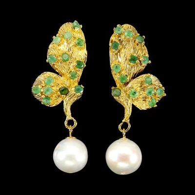 925 Sterling Silver Earrings Round Emerald Pearl Natural Gemstone Jewelry - Image 1 of 4