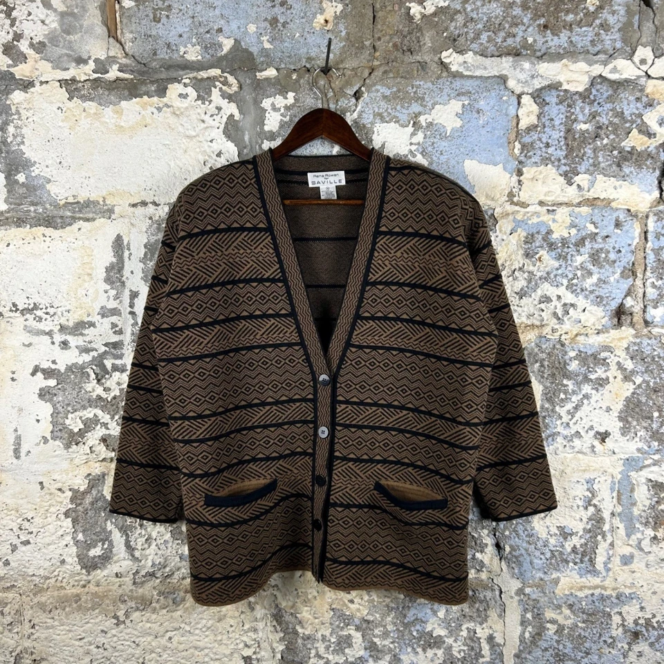 Cárdigan Rena Rowan Saville Marrón Negro Estampado Geométrico Tejido Suéter M Foto 1 de 4