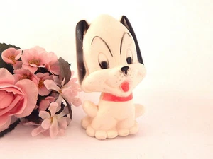 Squeak Toy Puppy White & Black Rubber Dog VTG 1965 Baby Joy Boomer Collectible - Picture 1 of 5