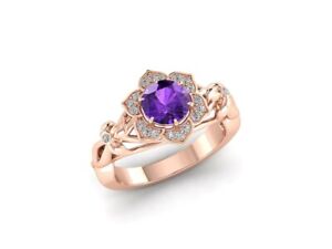 Natural Amethyst Gemstone Cocktail Purple Ring Size 7 14k Rose Gold Jewelry