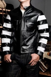 Retro American Horsehide Leder schmale Passform Gefängnis Streifen Motorrad Biker Jacke - Bild 1 von 26