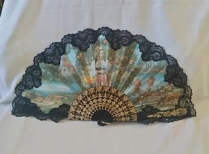 Ventilador de mano español 24" ancho 13" largo negro con dorado plástico y tela - Imagen 1 de 7
