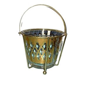 Culver Glass Ice Bucket With Metal Stand MCM Seville Signed Turquoise Gold