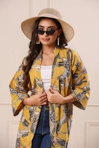 Indian Yellow Cotton Cat Printed Kimono Bath Robes Night Maxi Gown Kimono Robe - Picture 1 of 10