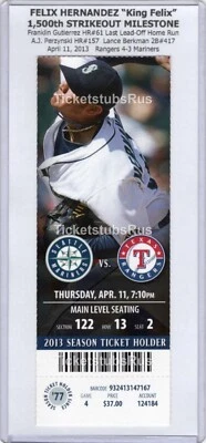Felix Hernandez 1500th STRIKEOUT MILESTONE 4/11/2013 Mariners Rangers Ticket - Image 1 of 4