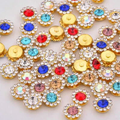 50 Gold Bling Crystal Rhinestone Pearl Flatback Buttons 9mm 11mm Wedding Crafts - Image 1 of 4
