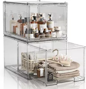 New-3 Pack Large Stackable Storage Drawers, Clear Plastic Drawer Organizer, Unde - Picture 1 of 5