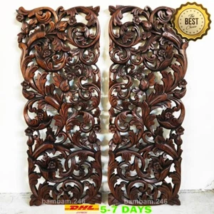 Pair of Wild Vine Wall Mounted 14" x 36" Wood Carving Wall Art Teak Plaque Handc - Picture 1 of 8