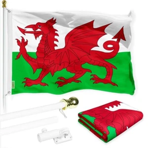 NEU G128 Wales Flagge & Fahnenmast, 6 Fuß weißer Mast & 3 x 5 Fuß bedruckte 150D Flagge - Bild 1 von 9
