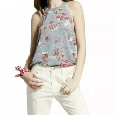 Modern Lux 女式高领图形背心灰色红色、白色、蓝色、和平大号 — 第 1/4 张图片