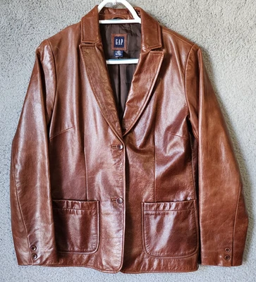 Vintage Y2K 2000s GAP Women's Sz M 2 Button Blazer Jacket Genuine Brown Leather - Image 1 of 4