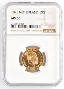 Netherlands 1875 10 Gulden William III .900 Fine Gold NGC Graded MS66 Coin - Picture 1 of 2