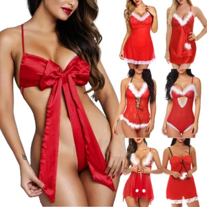 Womens Christmas Lingerie Chemise Santa Teddy Babydoll Red V Neck Lace Sleepwear - Picture 1 of 77