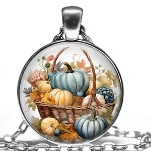 Old Farmhouse Fall Harvest Basket Pumpkins Fall Flowers Thanksgiving Necklace - Picture 1 of 5